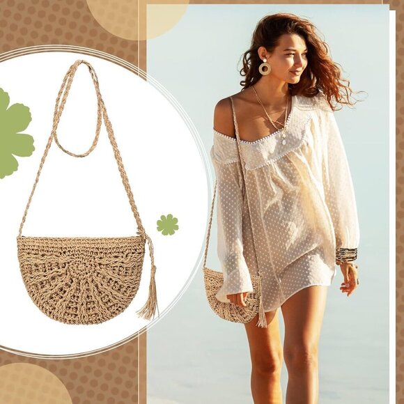 Vacation Purse Set Straw Bag Rattan Earrings Beach Crossbody Jewelry - Picture 6 of 6